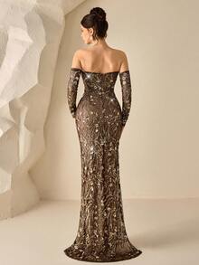 女士优雅闪亮亮片高开衩奢华晚礼服 - 棕色 - 查看 2