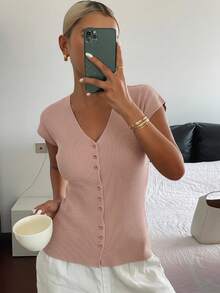 DAZY 女款純色修身V領彈性薄款休閒夏季開襟衫校園風 - 淺粉色 - 查看 6