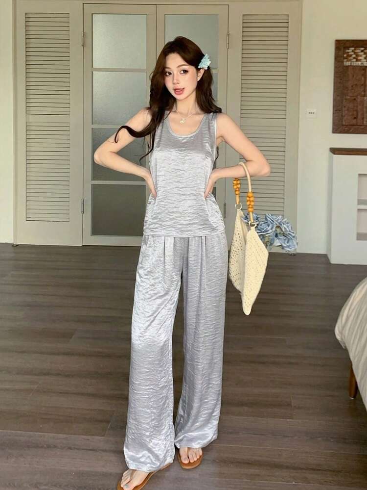 Women's Satin Minimalist Camisole And Loose Casual Pants 2 Pieces Set