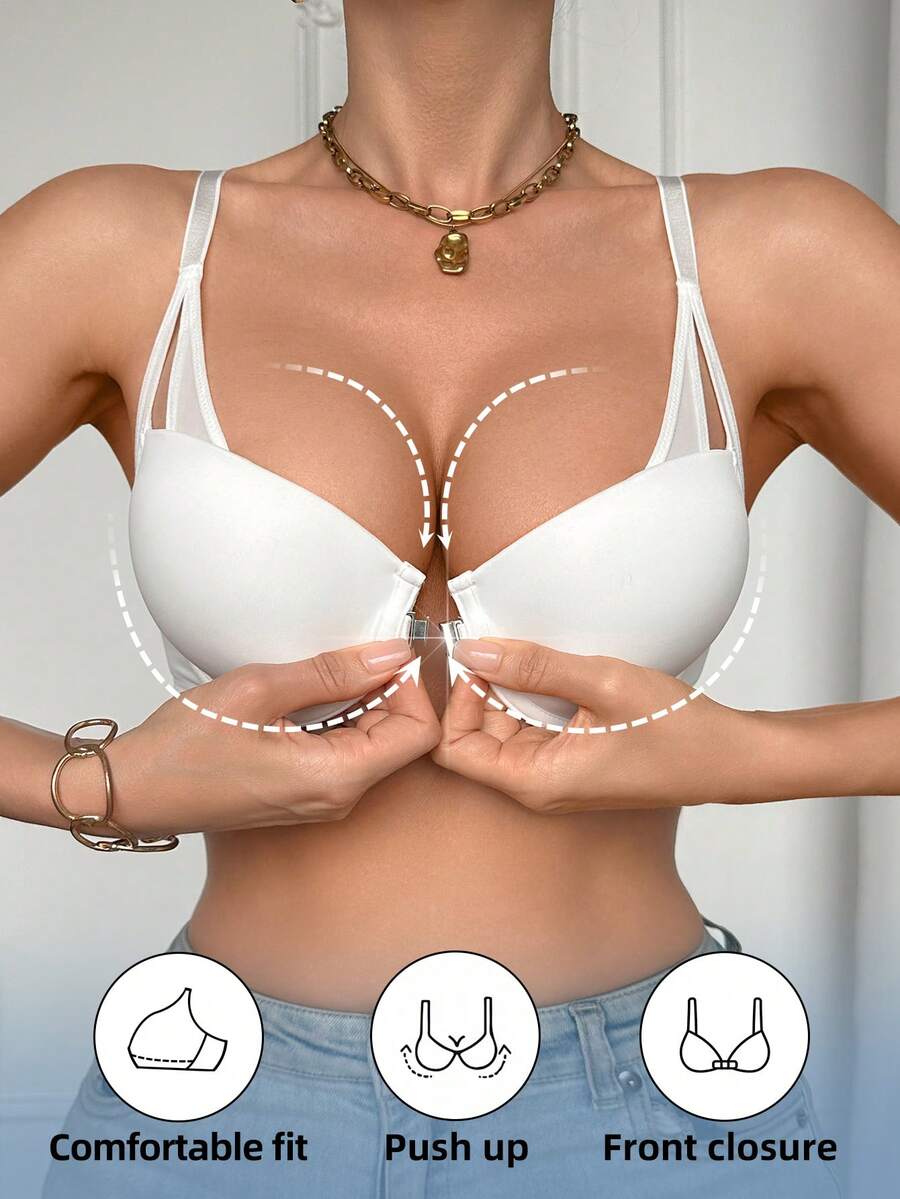 DesireSculpt 1pc Thin Cup Underwire Front Closure Comfortable Supportive Smooth Seamless Bra - White - View 1