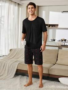 CoupledUp Men's Heart Print Casual Short Sleeve Shorts Pajama Set, Ribbed Knit - Black - View 8