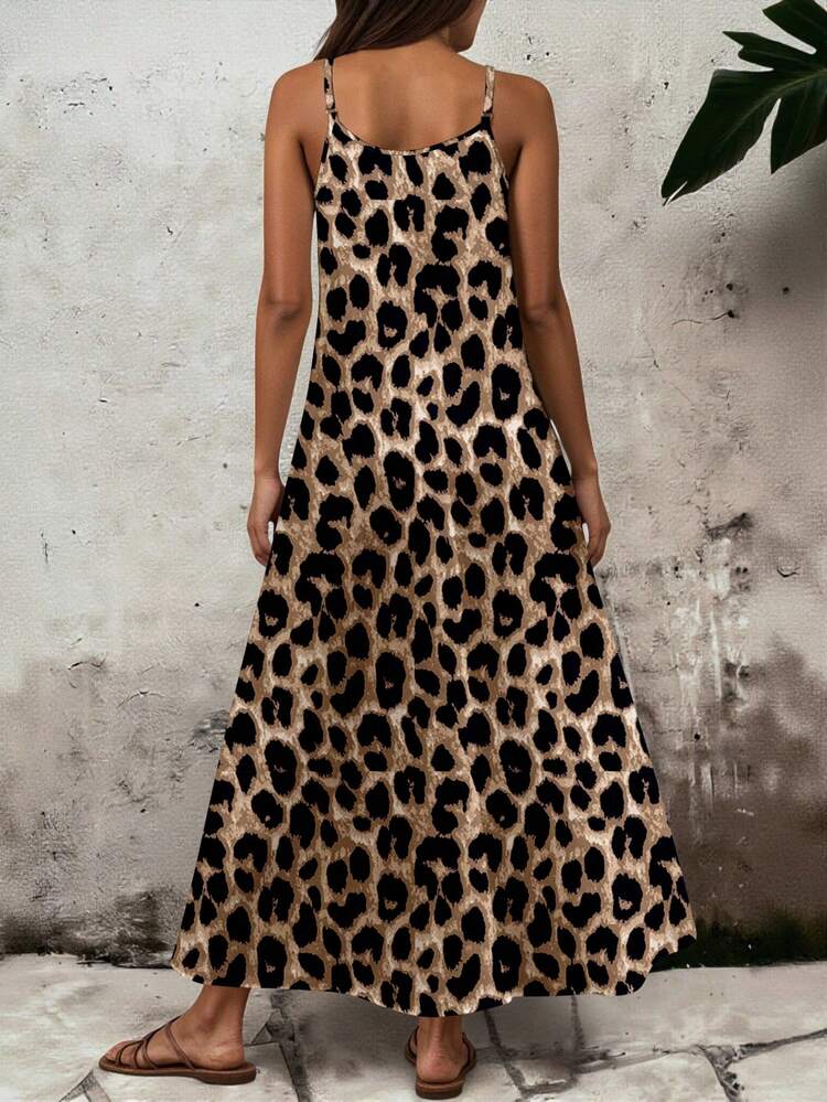 EMERY ROSE Plus Size Classic Leopard Print V Neck Spaghetti Strap Loose Flowy A-Line Maxi Dress Women Boho Beach Vacation Sundress - Multicolor - View 2