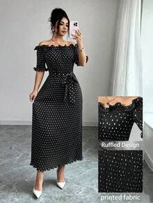 Modelyn 女士优雅波点短袖露肩荷叶边连衣裙，褶裥设计，舒适连衣裙 - 黑色 - 查看 5
