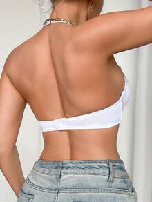 1pc Women's White Lace Patchwork Deep V Wireless Bra - White - View 2