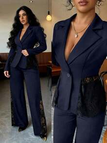 Elenzga Blazer et pantalon élégant en ensemble 2 pièces pour femmes, avec patchwork de dentelle. Convient pour le style décontracté, les déplacements, la mode de rue vintage française, les affaires, les vacances. Automne/Hiver - Bleu marine - Voir 1