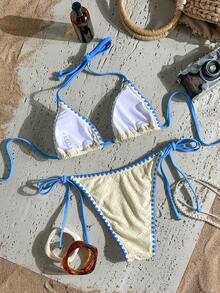 Swim Mod Women's Spring/Summer Jacquard Fabric Halter Shell Crochet Trim Bikini Set - Multicolor - View 4