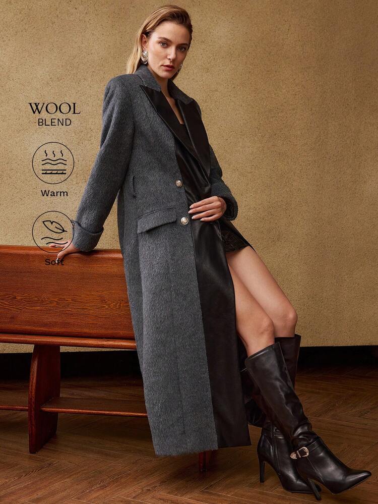 WOOL PU LEATHER PANEL PEAK COLLAR DOUBLE BREASTED PLACKET BUCKLE BELTED OVERCOAT