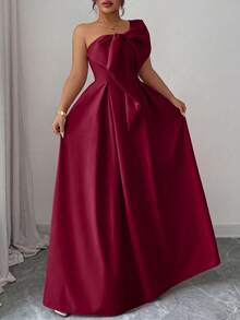 Elenzga Đầm nữ cỡ lớn cổ lệch, kiểu dáng lãng mạn, có nơ thắt eo, phù hợp cho tiệc tùng, đám cưới, phù dâu, mùa thu/đông. - Đỏ - Xem 3