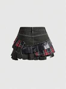 ROMWE Grunge Punk 女士复古朋克拼接格子超低腰牛仔迷你裙 - 黑色 - 查看 2