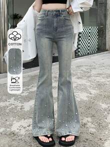 Dazy Tall Quần jeans ống loe đính đá lấp lánh dành cho nữ cao, kiểu dáng gợi cảm, thoải mái cho mùa hè. - Rửa nhẹ - Xem 1
