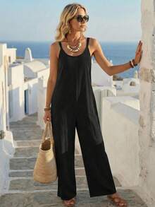 SHEIN PETITE CURVE Bộ áo liền quần nữ cỡ lớn, màu trơn, chất liệu 100% cotton, kiểu dáng mùa hè đa năng. - màu đen - Xem 3