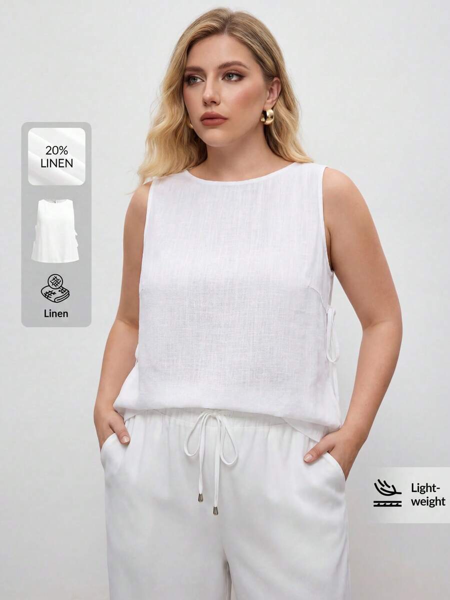 Maija 2025新款加大码女式亚麻休闲无袖背心，侧开衩蝴蝶结设计，舒适百搭，适合音乐节、演唱会、乡村音乐活动、海滩、度假以及春夏日常穿着。 - 白色 - 查看 1