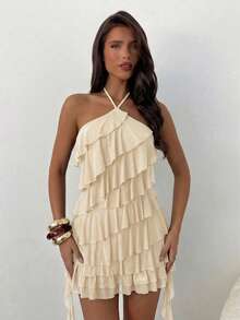 Aloruh White,Summer,70s,Party Y2K Music Festival Bohemian Elegant Halter Multilayer Ruffle Waist Asymmetrical Hem Mesh Mini Summer Dresses For Women - Beige - View 8