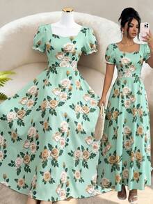 SHEIN Elenzya 女士花卉玫瑰印花方领A字泡泡袖优雅日常/度假/通勤时尚情人节约会法式街头复古百搭派对白色底红色玫瑰印花早春/春夏短袖中长连衣裙 - 薄荷綠 - 查看 4