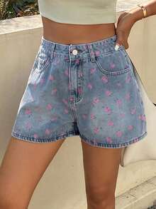 2026 Shorts vaqueros informales de mujer con dobladillo deshilachado y estampado floral diminuto - Azul - Ver 7