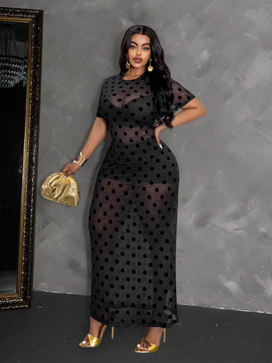 Maweii Knitted Mesh Transparent Flocked Polka Dot Plus Size Dress - Black - View 1