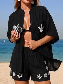 Swim Chiccia 女士沙滩度假休闲短袖纽扣衬衫 - 黑與白 - 查看 4