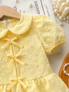 SHEIN Elladie kids 少女上衣，夏季花卉提花泡泡袖蝴蝶結領，時尚甜美可愛女孩套頭上衣 - 黃色 - 查看 7