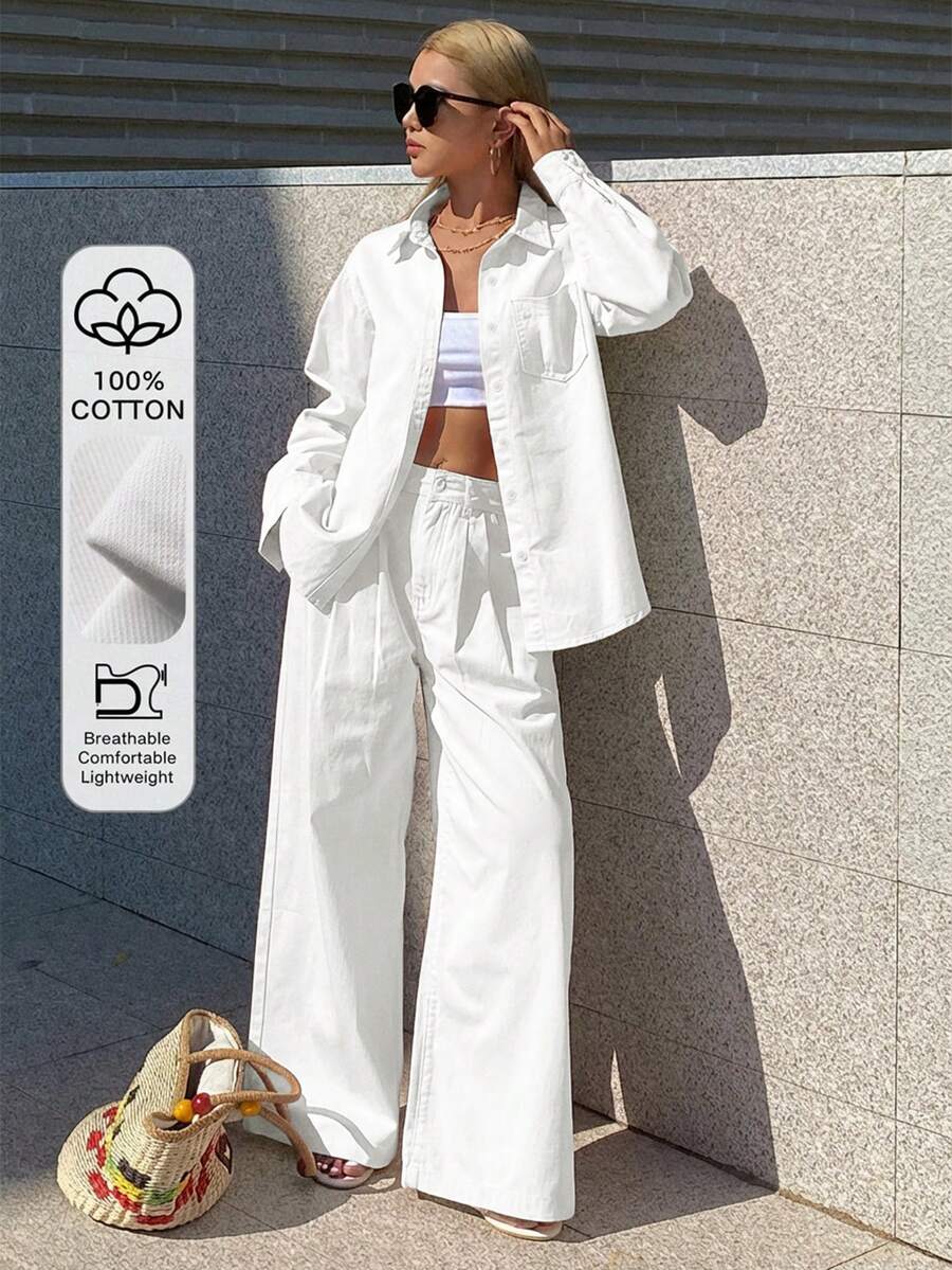 DAZY Women's Collared Loose Shirt And Straight-Leg Pants Casual Suit, Pink, Elegant And Youthful - White - View 1