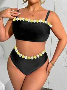 Slaydiva Top de tankini multicolore en patchwork pour femmes grandes tailles avec bretelles amovibles + bas de bikini à taille haute avec décoration florale colorée - Noir - Voir 4