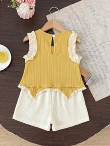 SHEIN Baby Girls' Light Green Ruffle Bow Vest Top Paired With Apricot Casual Shorts, Cute Outfit For Daily, Vacation, Commute - Yellow - View 3