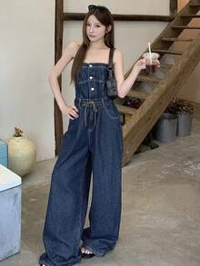 DAZY Bộ jumpsuit denim nữ màu trơn, không dây vai, kiểu dáng casual, có túi hai bên. - Rửa tối - Xem 4