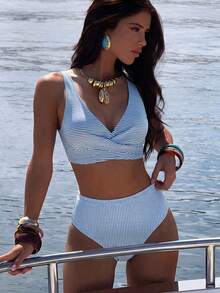 Swim Vcay Bộ bikini nữ mùa hè đi biển, họa tiết sọc, kiểu quấn chéo ngực. - Màu xanh lam - Xem 3
