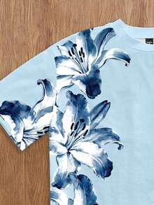 Manfinity Joysei Kaos Pria Lengan Pendek Kerah Bulat Motif Bunga Kasual Serbaguna, Musim Panas - Baby Blue - View 2