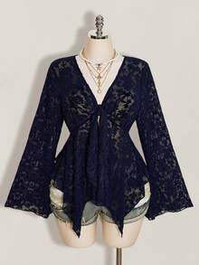 SHEIN ICON 大尺碼 V 領不對稱下擺喇叭袖緹花針織上衣，仙女風復古 Y2K 喇叭袖上衣 - 藏蓝色 - 查看 3