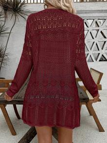 SHEIN LUNE Áo khoác cardigan dài tay nữ màu trơn khoét lỗ, kiểu dáng thường ngày - Màu Đỏ Sâu - Xem 2
