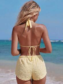 Swim Mod Women's 3 PiecesSexy Halter Backless Swimwear Set For Beach Golf Vacation White Summer - Pale Yellow - View 2