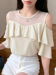 DAZY Contrast Mesh Short Sleeve Ruffle Hem Women Blouse - Beige - View 3