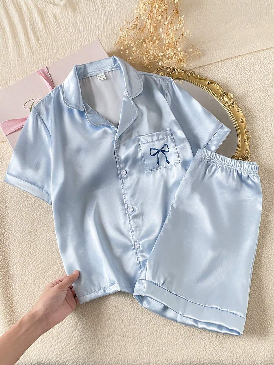SHEIN 少女纯蓝色简约优雅短裤短袖休闲宽松两件套睡衣 - 藍色 - 查看 1