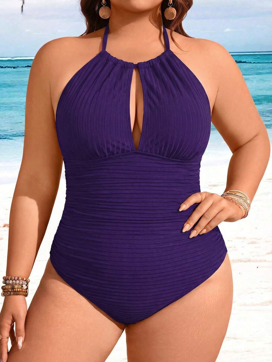 SHEIN Swim 大尺碼紋理面料一件式泳衣 - 紫色 - 查看 1