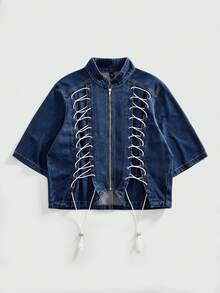 ROMWE MEN Casual Áo denim nam buộc dây, kiểu dáng nhóm nhạc nam. - Màu xanh lam - Xem 1