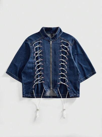 ROMWE MEN Casual Men's Lace-Up Denim Top, Boyband Style