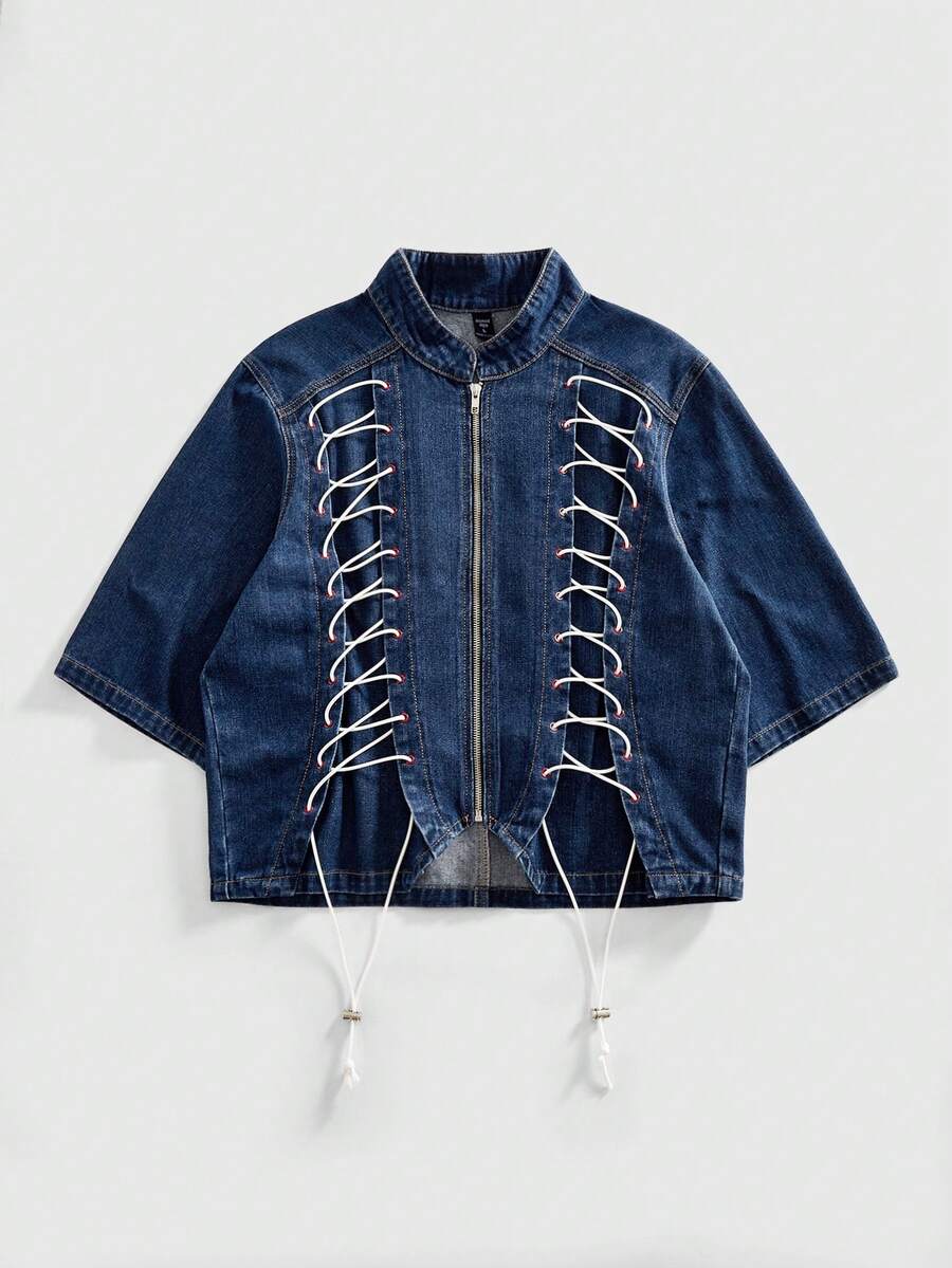 ROMWE MEN Casual Áo denim nam buộc dây, kiểu dáng nhóm nhạc nam. - Màu xanh lam - Xem 1
