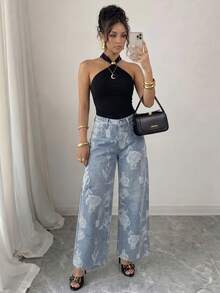 Elenzga Quần jeans nữ ống rộng dáng suông in hoa, có túi, kiểu dáng thường ngày. - Rửa nhẹ - Xem 3