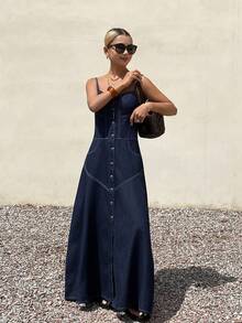 Cotton Spaghetti Strap Washed Casual Waist Cinched Women Denim Dress - Dark Wash - View 5
