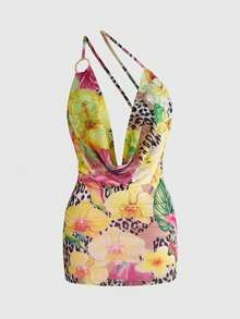 ROMWE Y2K Spring/Summer Vacation Sexy Wild Floral Print Women's Mini Spaghetti Strap Draped Neck Bodycon Dress - Pink - View 2