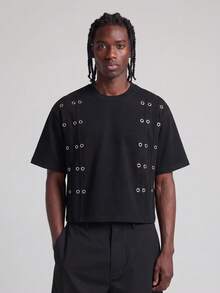 ROMWE MEN Men's Metal Grommet Loose Fit Round Neck Black Short Sleeve T-Shirt - Black - View 1