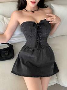 DAZY Đầm denim không tay dành cho nữ, thích hợp cho mùa xuân và mùa hè. - Xám - Xem 6