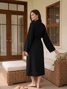 Doze Lane Women's Soft Cotton Lace Layered Bathrobe, Comfortable Sleepwear Loungewear Robe, For Fall & Winter, Cozy Outfits - Black - View 2