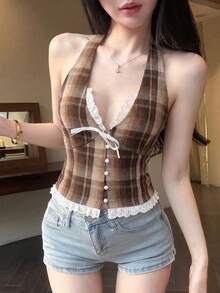 DAZY Casual Plaid & Lace Patchwork Halter Neck Tank Top For Women, Spring & Summer Y2k Halter Top - Brown - View 1