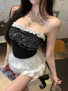 DAZY 亮面水鑽字母印花黑白波點夏季 Y2K 風格女款短版背心，無袖細肩帶修身收腰，適合夜店、音樂祭、海灘 - 黑色 - 查看 9