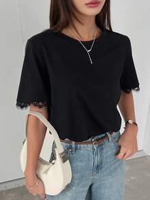 Dazy Kids Lace Patchwork Round Neck Loose Short Sleeve T-Shirt For Teen Girls Summer - Black - View 3