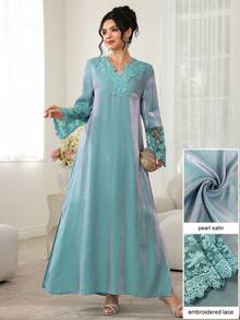 Vestido Maxi Najma con Cuello en V, Bordado Floral, Manga Larga, Patchwork y Bajo con Volantes, Estilo Tradicional Turco y Árabe - azul claro - Ver 7