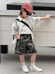 Young Boy Washed Camouflage Print Denim Shorts Summer - Army Green - View 2