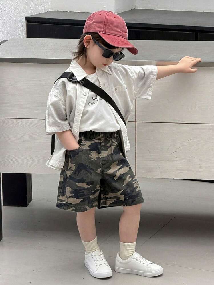 Young Boy Washed Camouflage Print Denim Shorts Summer