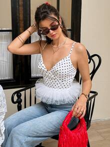 INAWLY Women's Retro French Elegant Polka Dot Print Mesh Hem Camisole Vest For Summer Brunch White With Black Polka Dots - Black and White - View 6